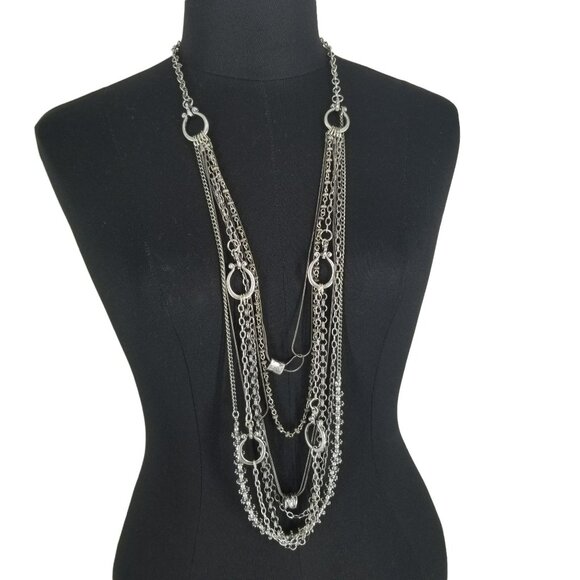 NEW Treska Silver Multistrand Long Chain Statement Necklace Bracelet Earring Set - Picture 1 of 14